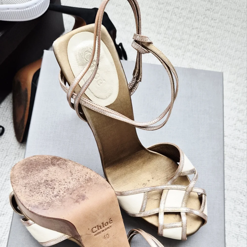 Chloe Metallic Strappy Heels - Cream and Tan - Picture 4 of 7